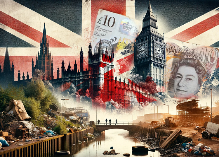 AI-generated artwork depicting the decline of the United Kingdom, showing Westminster and Big Ben surrounded by urban decay, litter, and pound notes overlaid on the Union Jack.